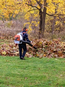 Leaf blowers are the most effective for gathering the bulk of leaves into large piles.