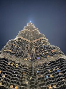 This is our view looking up to the top of the Burj Khalifa. Rising 2,716.5 feet above ground level, the 160-story iconic tower is currently the tallest building in the world. Excavation for the project began in 2004 and the building officially opened to the public in 2010.