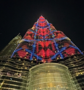 The Burj Khalifa puts on a light show featuring an LED system totaling more than 17 miles of LED lights. The lights are installed on all the fins of the southeast side of the skyscraper facing the lagoon.
