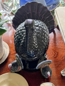 I love taking out all the turkey decorations I have amassed over the years, including these dark amethyst turkey dishes. I have a large collection of turkeys. After all, I once lived on "Turkey Hill Road".