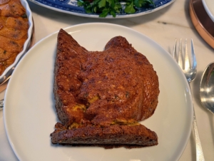 Here is one of the cornbread turkeys fresh out of the oven. The turkey molds I use are five-cup turkey molds from Nordic Ware. They can be used for cornbread, cranberry sauce, or even cake. I’m glad we made several cornbread turkeys – they went very quickly.