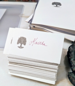 Whenever I host dinner parties, I always include place cards and menus – it is a personal detail that is very important to me. The card stock is printed with the symbol of my farm – the great sycamore tree of Cantitoe Corners.