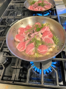 The meats are all seared in the Flower Room kitchen, before they are finished in the oven in my Winter House. Here are the lamb chops for the couscous dish.