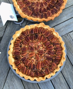 I made three different kinds of pie. This is a pecan brown butter rum pie. One can also use bourbon instead of rum.