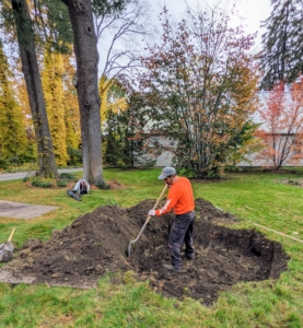 Here is Pasang digging around the sides and cutting through some of the fibrous deep spreading roots of a nearby spruce.