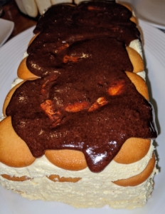 And here is Cheryl’s no-bake chocolate eclair cake made with vanilla wafers.