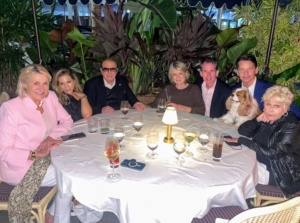 Look closely, I had dinner with record producer, Clive Davis and his cousin, Jo Shuman Silver, along with my longtime publicist, Susan Magrino, my makeup artist, Daisy Schwartzberg Toye, Kevin Sharkey, Clive's friend, Greg Schriefer, and his well-behaved Cavalier King Charles Spaniel.