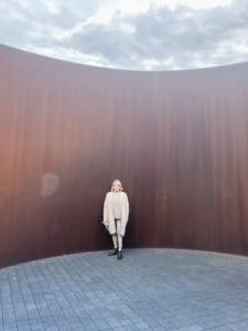 Here I am within the giant sculpture. It is a weatherproof steel outer spiral that is 13 feet 7 inches by 41 feet by 31 feet 8 inches and an inner spiral that is 13 feet 7 inches by 30 feet 8 inches by 24 feet 11 inches.
