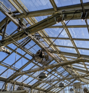 Most of the energy in the greenhouse comes from the sun through these giant windows, which can be programmed to open for ventilation or cooling, when needed.