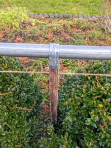 These wooden stakes are placed in between every three of the boxwood shrubs at the pergola. String is used to ensure all the stakes and piping are straight and even.