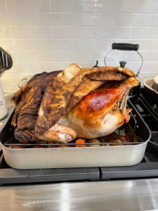 This was the first time the Fiskes used my Perfect Roast Turkey 101 recipe. Here is their turkey with the cheesecloth ready to be removed.