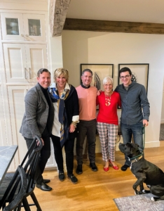 There's always time for a group photo! Here are some of their friends who attended the Fiske feast - Lance, Laura, Matt, Francie, along with Sonya's son Jonah Ernst and his dog Ziggy.