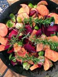 Susanne Ruppert, who is Editorial Director of my books, shared the following photos of some of her Thanksgiving dishes. Here are Brussels sprouts, sweet potatoes, and beets roasted in a cast-iron skillet.