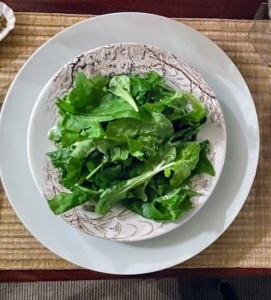 We also enjoyed a fresh greens salad using vegetables from my greenhouse. It included baby spinach, arugula, lettuce, parsley, and coriander, or cilantro. Are you for cilantro or against? Some love cilantro, while others feel it tastes like soap.