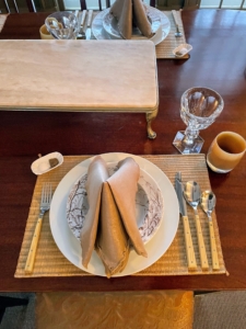 Here is a closer look at one of the place settings. My housekeepers, Enma and Elvira, work with me to choose all the table settings. We create a couple of options, set them on the table and see which one we like best.