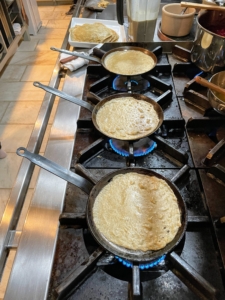 As my guests arrived, I started cooking my crepes. French crepes are thin and very delicate pancakes that can be filled with fruit, chocolate sauce - or in our case, delicious caviar and creme fraiche.