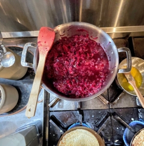 I also made Polish borscht, or beet soup. Here is a pot of it on the stove. Although borscht is important in both Russian and Polish cuisines, Ukraine is frequently mentioned as its place of origin. Its name is thought to be derived from the Slavic word for the cow parsnip, or the common term hogweed.