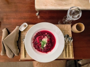 Here it is on the table. Borscht is best served piping hot. My guests devoured every drop.