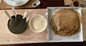 The caviar, creme fraiche, and crepes were served family style.