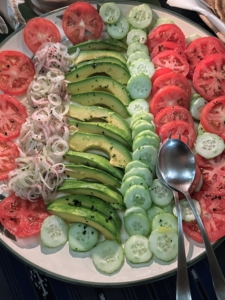 We had salads with every meal - fresh, ripe tomatoes, avocados, cucumbers, pickled onions, and more.