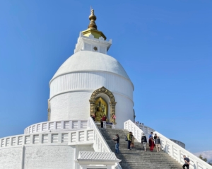 Here is the World Peace Pagoda, also called Nipponzan Peace Pagoda - a Buddhist monument in Pokhara, Nepal. This Pagoda was designed to be a symbol to unite humanity in a desire for peace. Shanti Stupa is the first World Peace Pagoda in Nepal and the 71st pagoda built by Nipponzan-Myōhōji in the world. The pagoda is 115-feet tall and 344-feet in diameter.