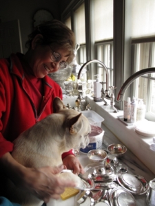 Laura often helped with my blogs - here she is posing with my French Bulldog Sharkey while she polished the silver.