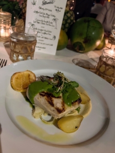 This is my main entre - grilled swordfish with fennel salad, salse verde, and cauliflower puree.