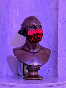 Many of the Library of Congress’ sculptures wore decorative masks made using Diane von Furstenberg fabrics with lace in memory of Justice Ruth Bader Ginsberg who was well known for wearing high lace collars.