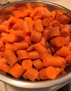 Here are the carrots. My dogs love carrots. They are low in calories and high in fiber and vitamins. Occasionally crunching on raw carrots can also be good for their teeth.