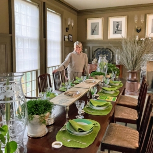 Here I am at the beautifully set table - in shades of green, of course.