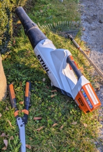 The battery-powered STIHL blower is used every day to blow leaves and other debris off the terraces and footpaths around my home.