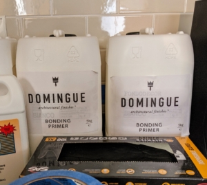 We're using Domingue Bonding Primer. A bonding primer provides the best coating and promotes good adhesion to the surface.