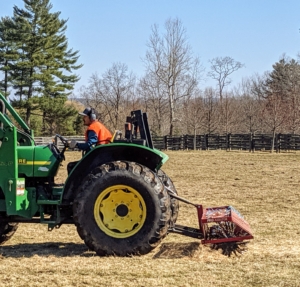 After the winter, some areas are wetter than others. Fortunately, the large tire tread pattern allows the tractor to stay above the soil without getting stuck, especially in moist patches.
