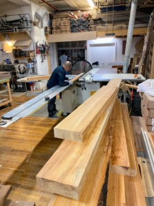 Peter and his team started with the rough milling. While the wood was kiln dried, the wood showed significant signs of checking and warpage, so Peter had to be very careful to mill it properly. He found that the internal tensions and stress of the wood made it a bit challenging to saw.