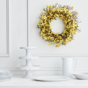 This beautiful 24-inch forsythia wreath adds a colorful accent to any door or mantle, brightens your spring and Easter décor, and makes a unique housewarming gift.