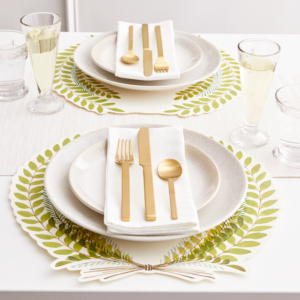 This rustic yet refined set of 12 Seedling Wreath die-cut placemats available on Martha.com are a delightful way to create a charming seasonal table setting.