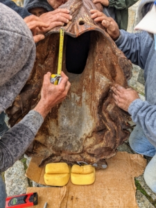 Meanwhile, on the ground, the crew measures the location of the horse head's holes.