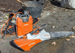 Our trusted STIHL battery-powered blower is nearby and used to blow any leaves and debris in between the pots. The crew uses this blower every day - it's great for blowing leaves and other debris off the terraces and footpaths around my home.