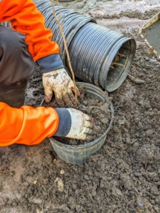 Here he tamps down lightly after the pot is backfilled so there is good contact between the tree roots and the surrounding soil. Each tree is placed at the same level it was grown by the nursery – where the roots start and the top shoots begin.