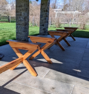 And finally, the tables were delivered bright and early one morning last week - three total. English Yew ranges from durable to very durable when it comes to decay resistance. And, it is also resistant to insect attack. I knew it would be perfect here at the pavilion.