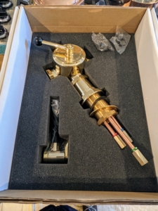I selected two Waterworks "Regulator" style faucets in brass. Both have single spouts with black spray nozzles.