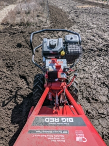 Here is a view from the operator's position. It is not a heavy piece of equipment, but does need to be pushed slowly through the soil to work it well.