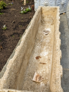 This concrete trough is located on the stone wall outside my carport. I like to place a variety of planters outside my home and fill them with warm weather specimens. Here, one can see that the drain holes are already covered with pottery shards for drainage and to prevent any soil mix from escaping.