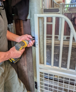 Doug secures two hinges on the side of the gate. He uses a twist bit to drill through the metal.
