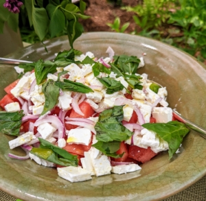 This is watermelon and feta with fresh vegetables.