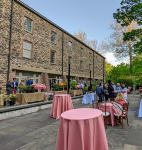 The schist, or metamorphic rock, that makes up the building's walls was quarried locally. Behind the structure is this expansive terrace overlooking the river.