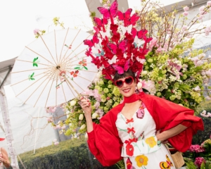This is designer Shannon McLean in a fanciful butterfly hat. (Photo by BFA/Darian DiCianno)