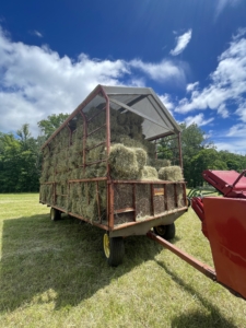 The hay wagon has high walls on the left, right, and back sides, and a short wall on the front side to contain the bales which are stacked neatly from front to back.