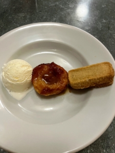 Our dessert was grilled peaches served with homemade vanilla ice cream and brown butter shortbread cookies.