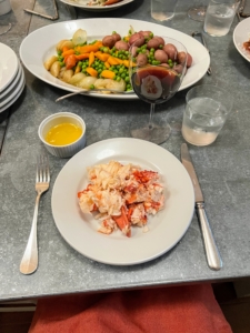 Sunday's dinner was lobster and a large platter of delicious vegetables - carrots, peas, potatoes, and onions. We devoured everything.